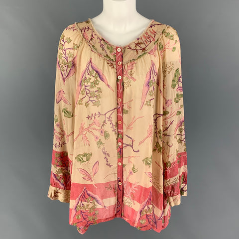DONNA KARAN Size 6 Beige Red Cotton Silk Floral Tunic Blouse