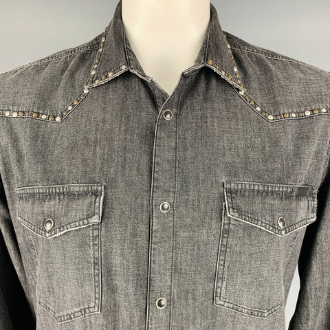 GOLDEN GOOSE Size XL Grey Studded Cotton Western Long Sleeve Shirt