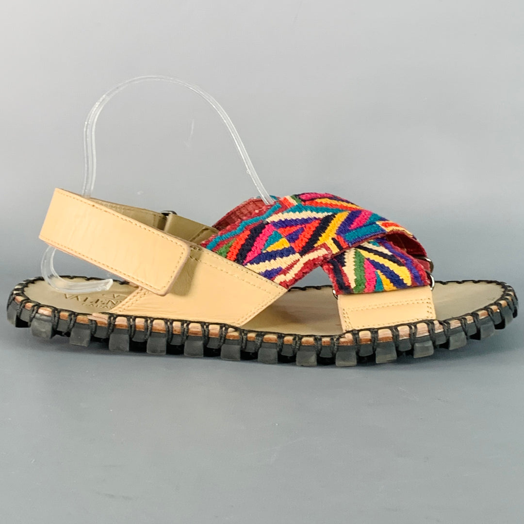 VALENTINO Size 10.5 Tan Multi Color Embroidery Leather Straps Sandals