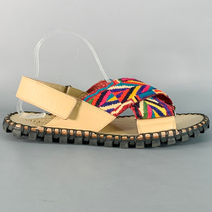VALENTINO Size 10.5 Tan Multi Color Embroidery Leather Straps Sandals