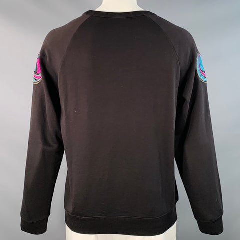 DRIES VAN NOTEN Size L Black Turquoise Applique Cotton Crew Neck Sweatshirt