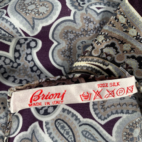 BRIONI Grey Brown Paisley Silk Pocket Square