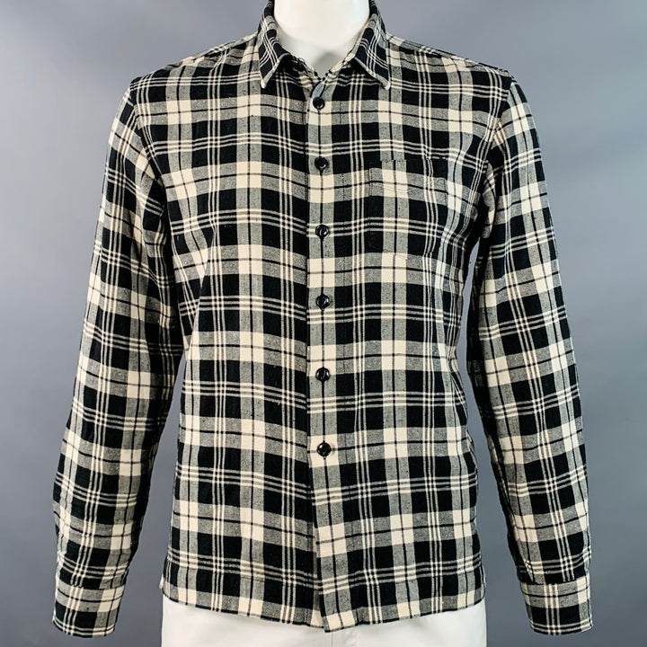 OFFICINE GENERALE Size L Black White Plaid Cotton One Pocket Long Sleeve Shirt