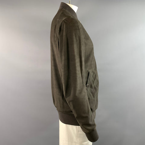 RICK OWENS Size 46 Green Olive Ribbed Leather Bomber Jacket