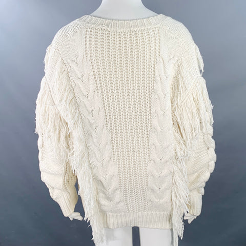 IRO Size XL Cream Cotton Blend Cable Knit Fringe Oversized V-Neck Sweater