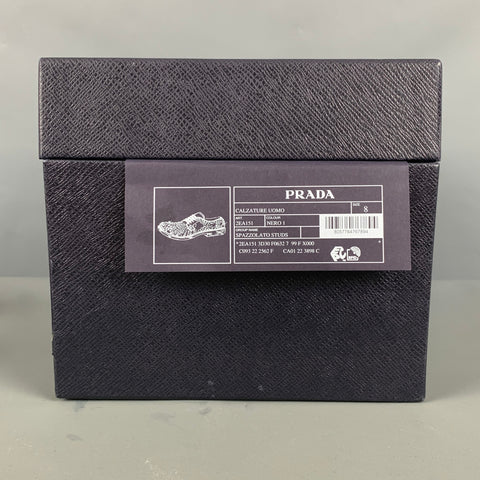 PRADA Size 9 Black Silver & Blue Studded Leather Lace-Up Shoes