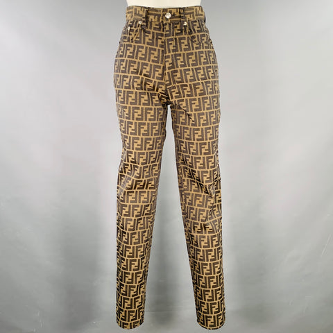 FENDI Size XS Brown Black Polyester Cotton Zucca Monogram High Waisted Jeans