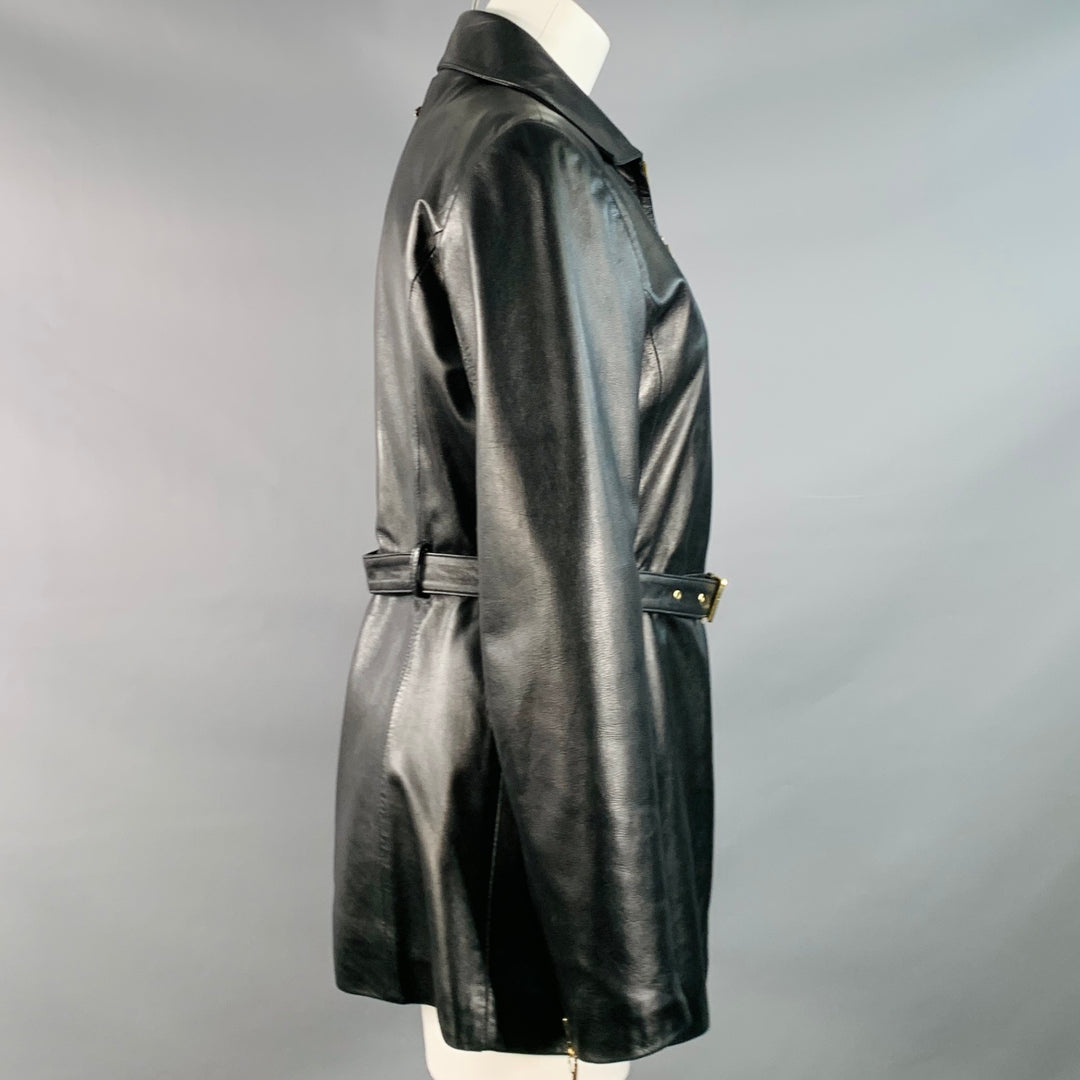 ST. JOHN Size S Black Gold Leather Belted Blazer Jacket