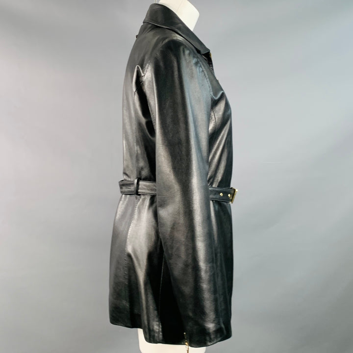ST. JOHN Size S Black Gold Leather Belted Blazer Jacket