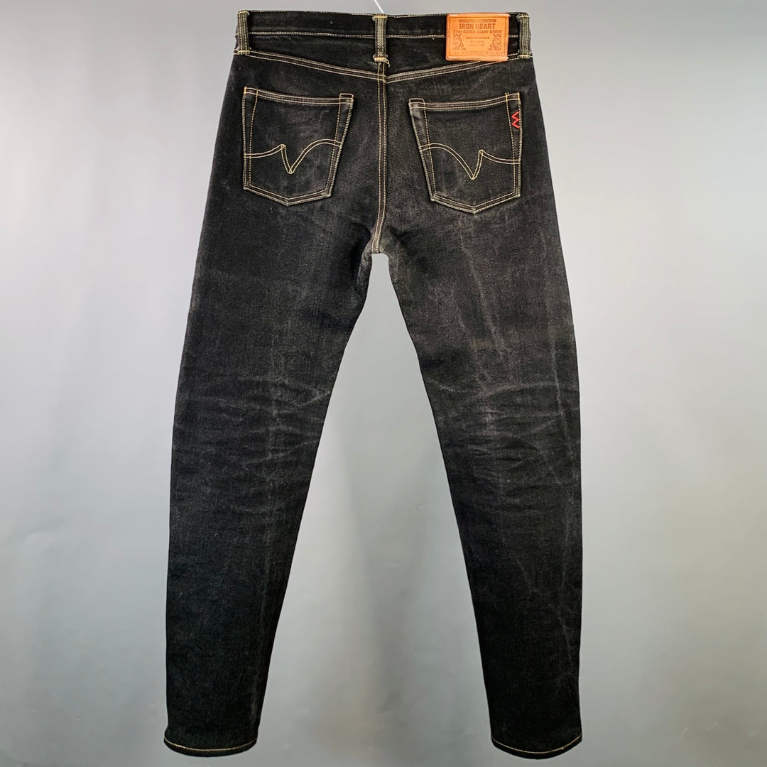 IRON HEART Size 34  Black Contrast Stitch 21oz Cotton Denim Twill Straight Jeans