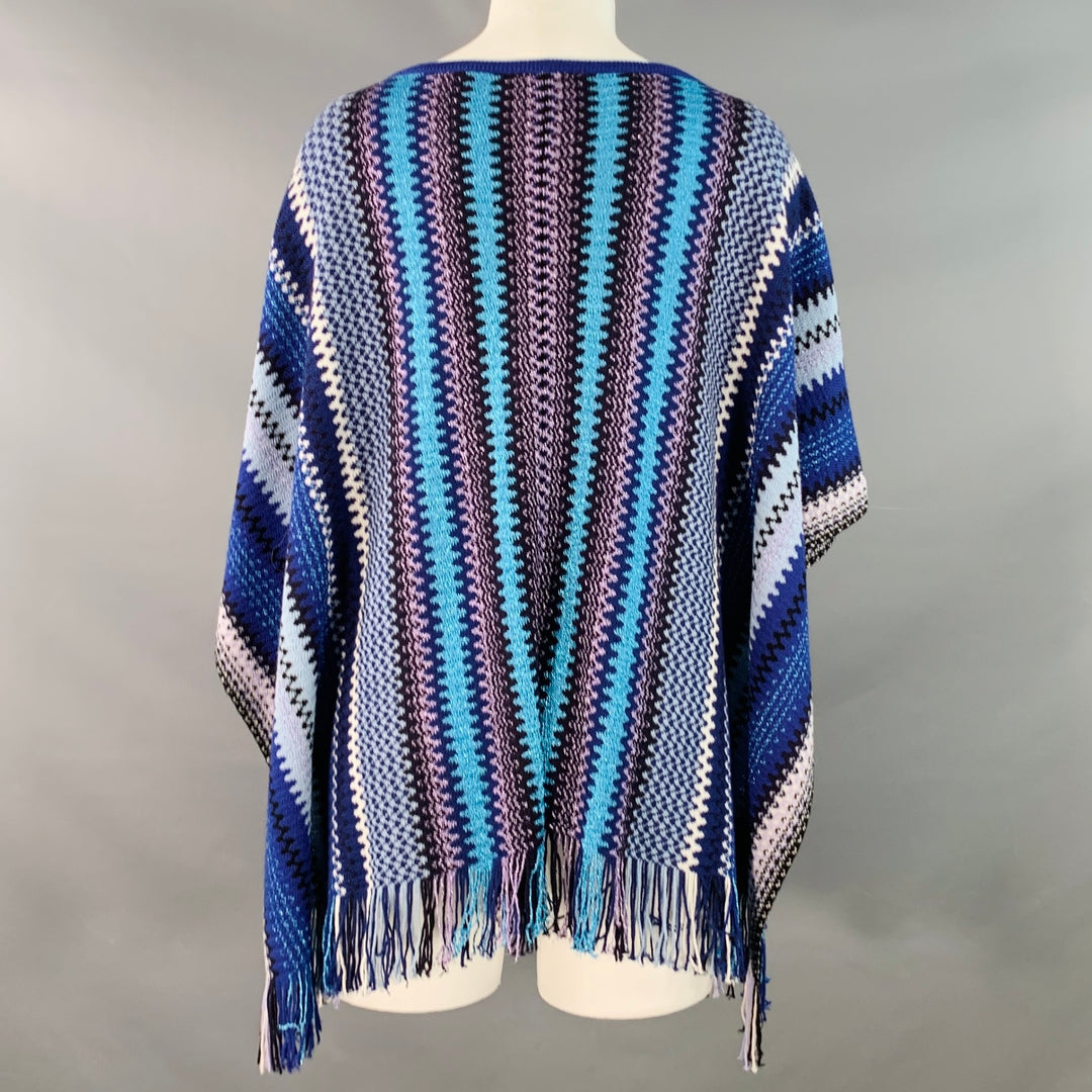 MISSONI Size S Blue Multi Color Wool Blend Geometric Fringed Poncho Cape