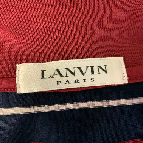 LANVIN Size M Navy Burgundy White Horizontal Stripe Cotton Polo