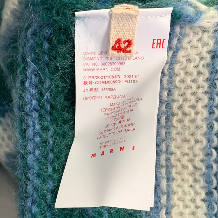 MARNI Size 6 Green Blue White Mohair Blend Stripe V-Neck Cardigan