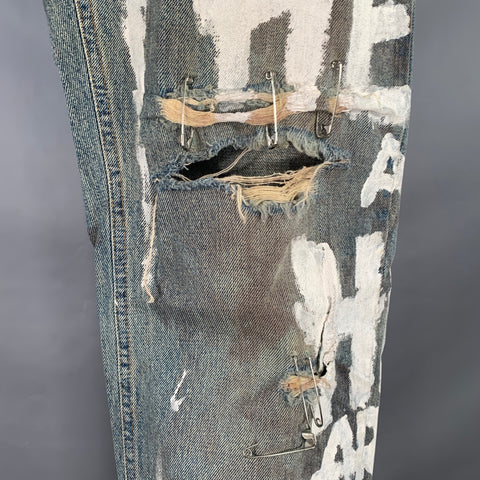 DOLCE & GABBANA Size 33 Heaven and Hell Blue White Hand Painted Denim Straight Distressed Jeans