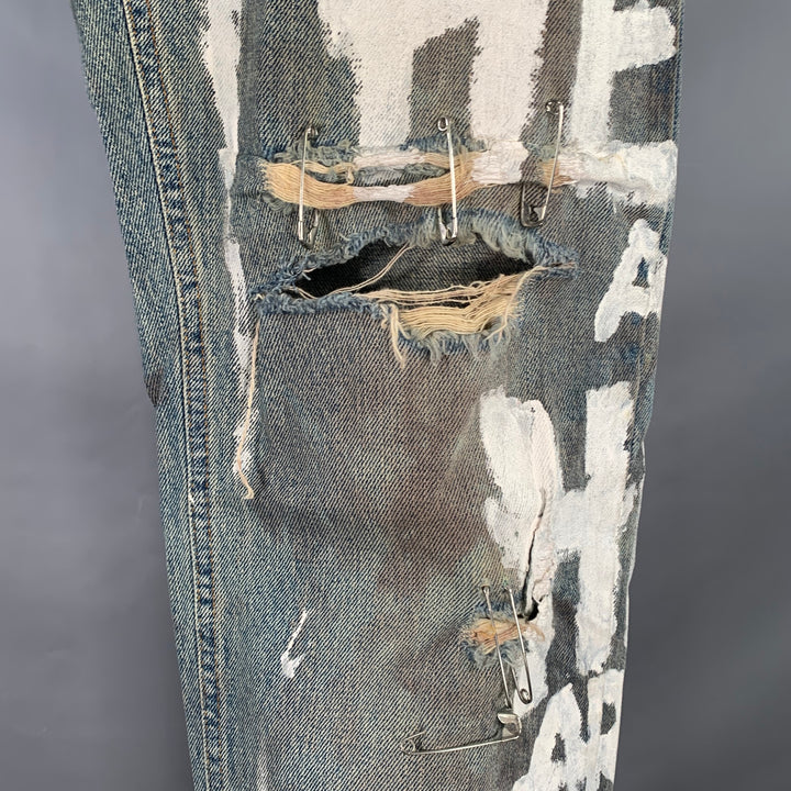 DOLCE & GABBANA Size 33 Heaven and Hell Blue White Hand Painted Denim Straight Distressed Jeans