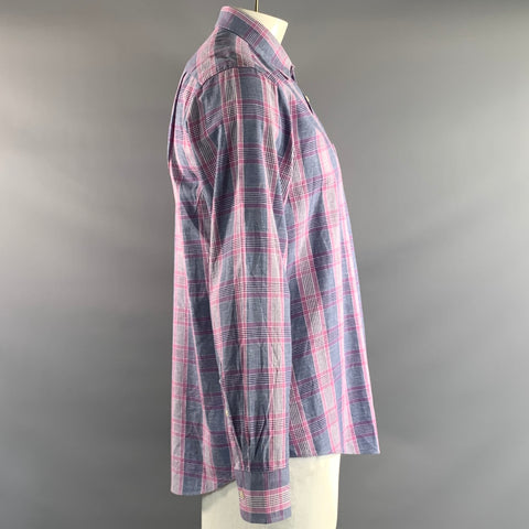 CHARLES TYRWHITT Size L Pink Blue & Purple Plaid Cotton Linen Long Sleeve Shirt