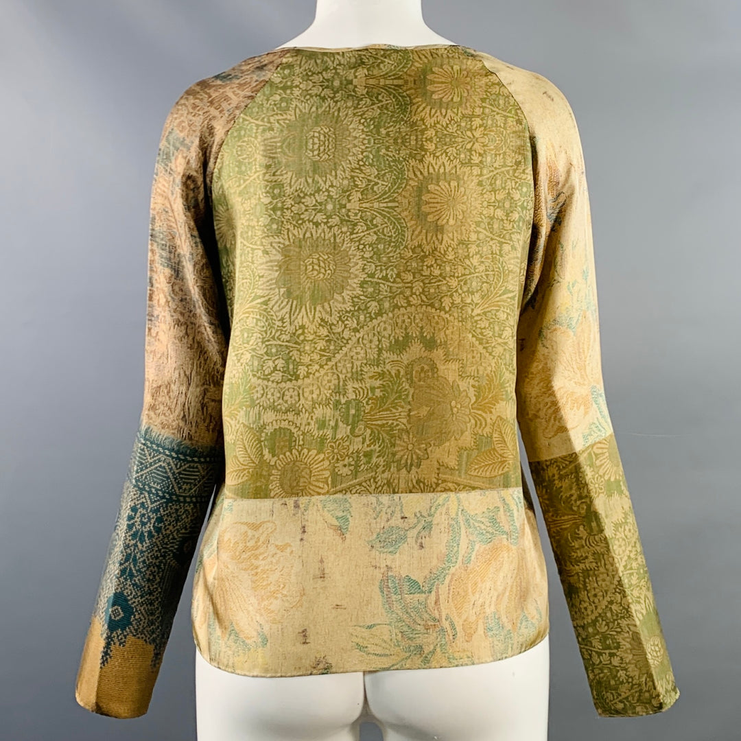 PIERRE-LOUIS MASCIA Size XS Green Brown Silk Floral Long Sleeve Dress Top