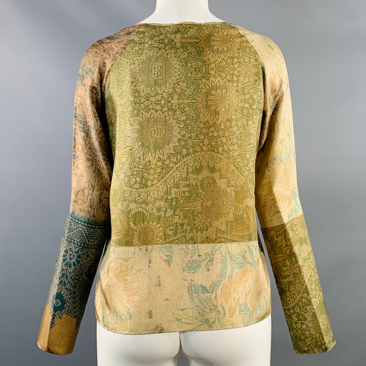 PIERRE-LOUIS MASCIA Size XS Green Brown Silk Floral Long Sleeve Dress Top