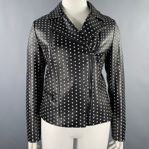 AKRIS Size 14 Black White Leather Polka Dot Lambskin Biker Jacket