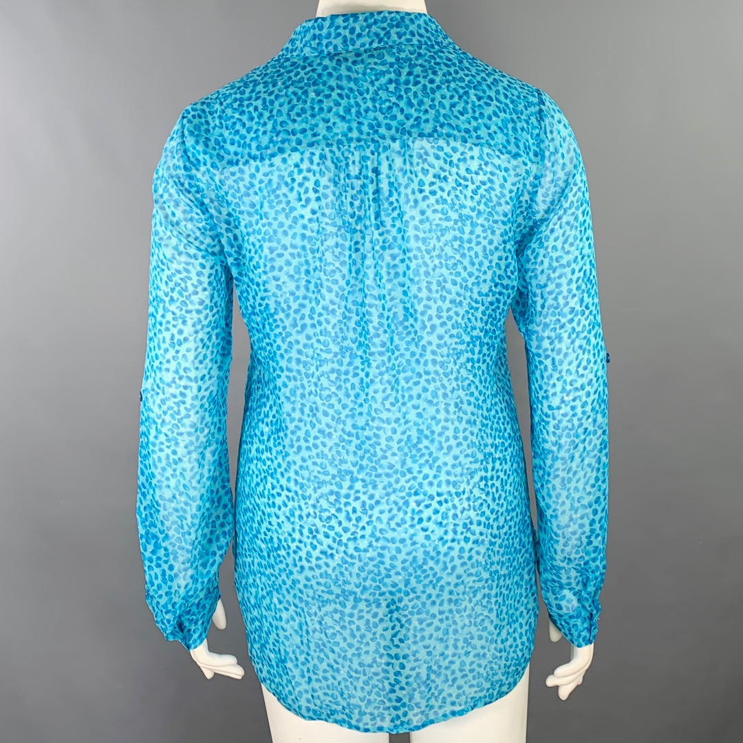 DIANE VON FURSTENBERG Size 12 Aqua Blue Silk Abstract Hidden Buttons Shirt