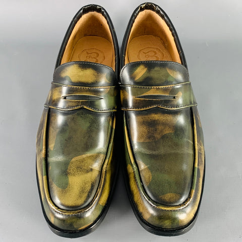 BAJOLUGO Size 10.5 Green Brown Camo Penny Loafers
