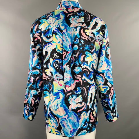 MARNI Size 40 Flaminia Veronesi Blue Black Print Silk Button Up Long Sleeve Shirt