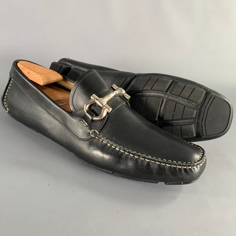 SALVATORE FERRAGAMO Size 10 -Parigi- Black Contrast Stitch Leather Drivers Loafers