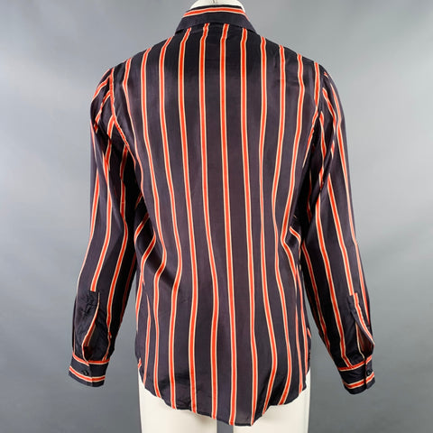 BAGUTTA Size S Black Red Beige Stripe Silk Curved Cutaway Long Sleeve Shirt