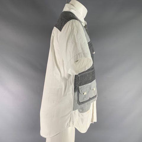 GANRYU Size S Grey White Cotton Patch Pockets Short Sleeve Shirt