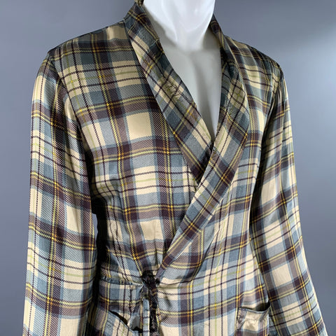 DRIES VAN NOTEN Size M Brown Blue Plaid Viscose Shawl Collar Robe