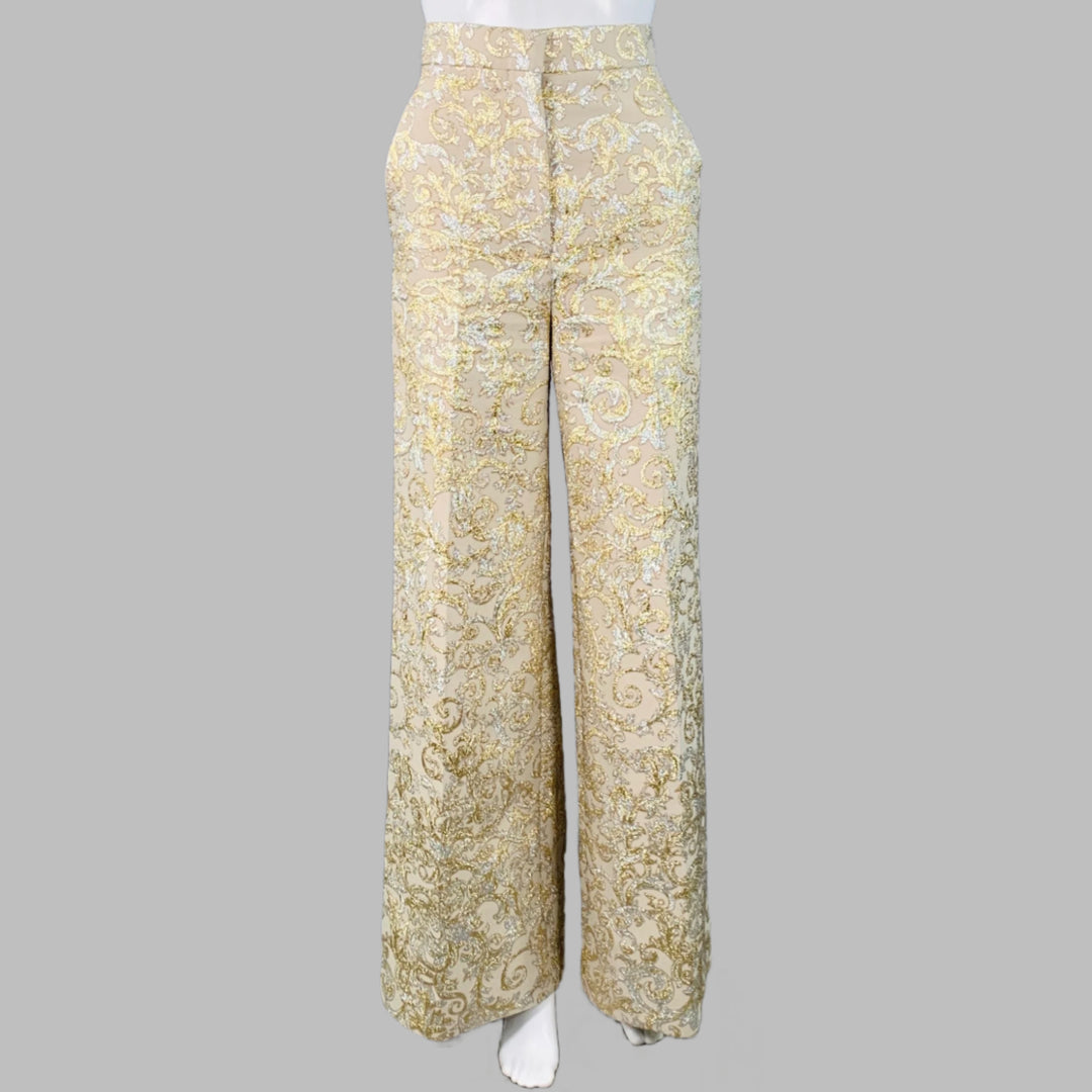 STELLA McCARTNEY Size 2 Metallic Gold Silver Polyamide Blend Jacquard Peak Lapel Pantsuit