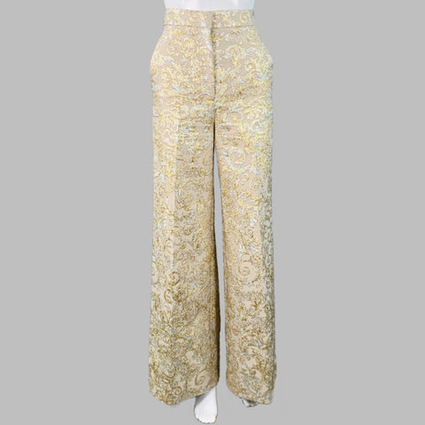 STELLA McCARTNEY Size 2 Metallic Gold Silver Polyamide Blend Jacquard Peak Lapel Pantsuit