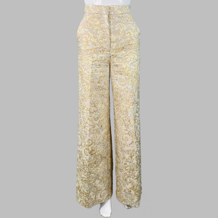 STELLA McCARTNEY Size 2 Metallic Gold Silver Polyamide Blend Jacquard Peak Lapel Pantsuit