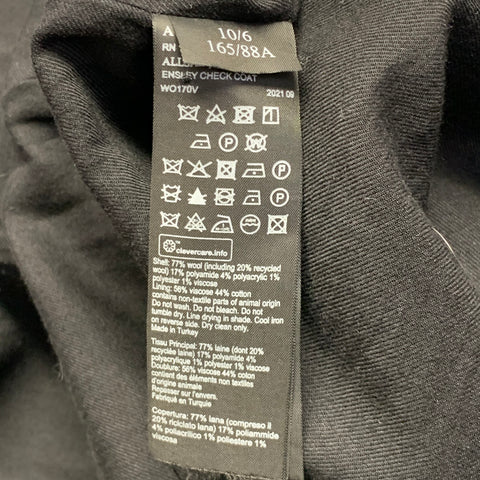 ALLSAINTS Taille 6 Ensley Carreaux Noir Gris Laine Mélange Plaid Manteau Croisé