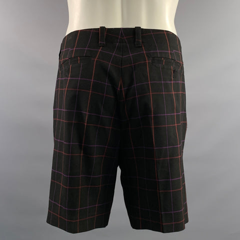 MR TURK Size 36 Black Red & Purple Window Pane Polyester Blend Wide Leg Shorts