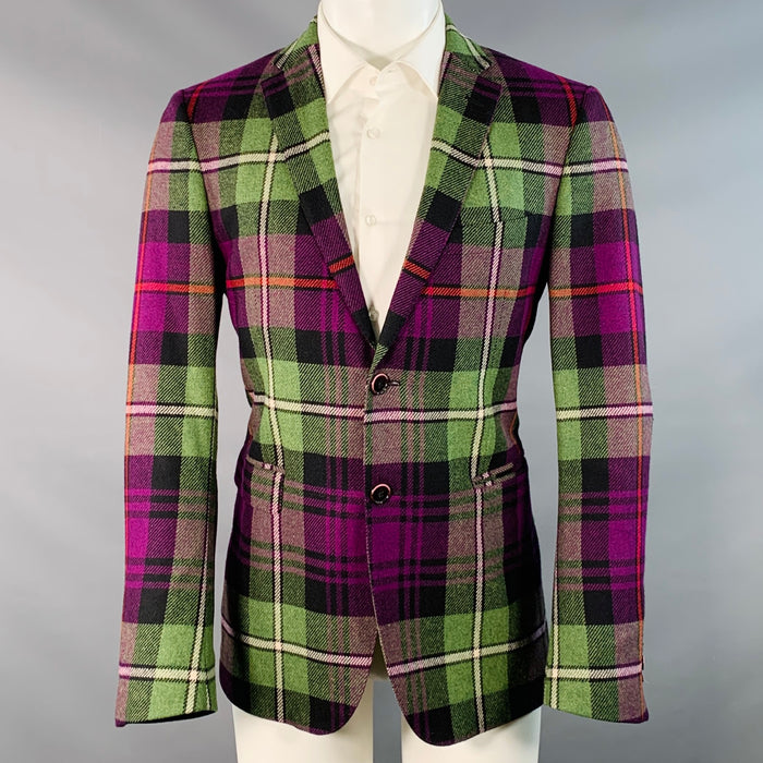 ETRO Size 40 Black Multi Color Plaid Wool Notch Lapel Sport Coat