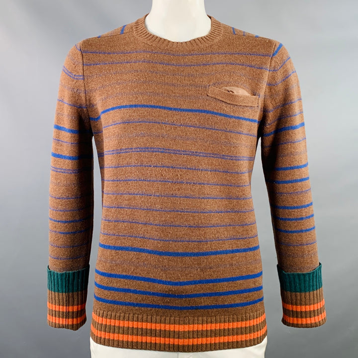 SACAI Size XL Brown Blue Orange Stripe Wool One Pocket Crew Neck Sweater