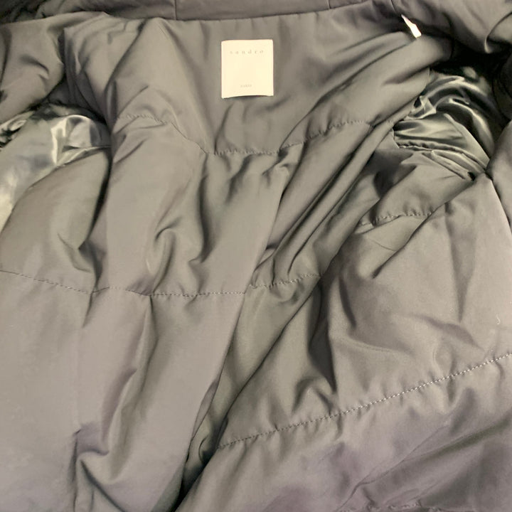 SANDRO Size L Black Beige Cotton Blend Fur Collar Zip Snaps Coat