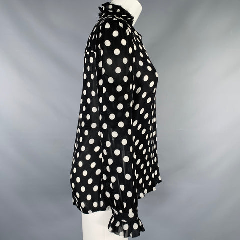 L'AGENCE Size S Black White Silk Polka Dot Open Collar Blouse