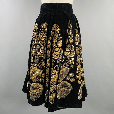 VINTAGE Size S Black Gold Velvet A-Line Midi Skirt
