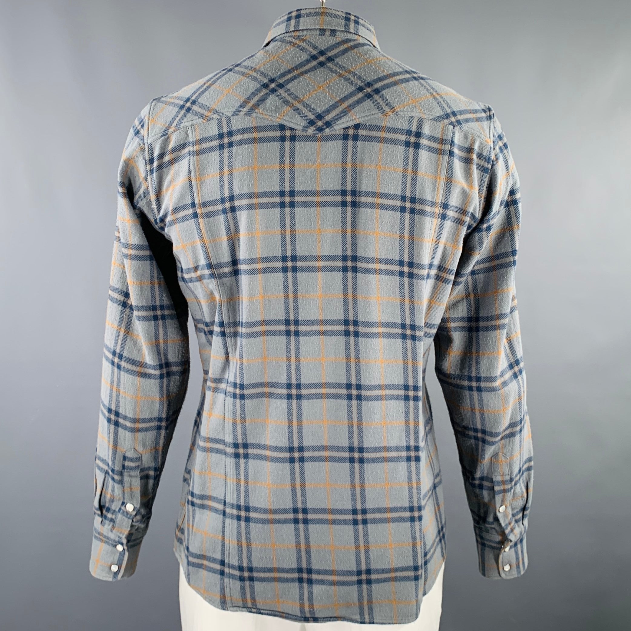 DRIES VAN NOTEN Size L Blue Yellow Plaid Cotton Western Long