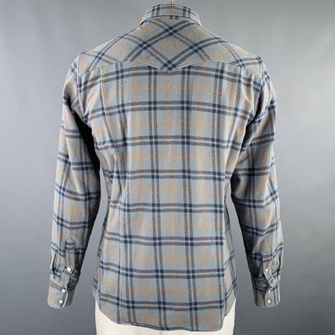 DRIES VAN NOTEN Size L Blue Yellow Plaid Cotton Western Long Sleeve Shirt