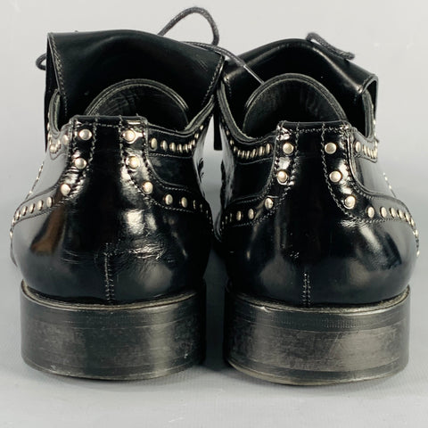 DSQUARED2 Size 11.5 Black Silver Studded Patent Leather Moccasin Lace-Up Shoes