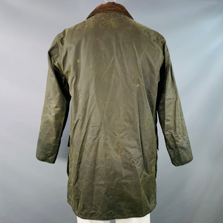 BARBOUR Size L Brown Olive Waxed Canvas Corduroy Collar Zip Snaps Jacket
