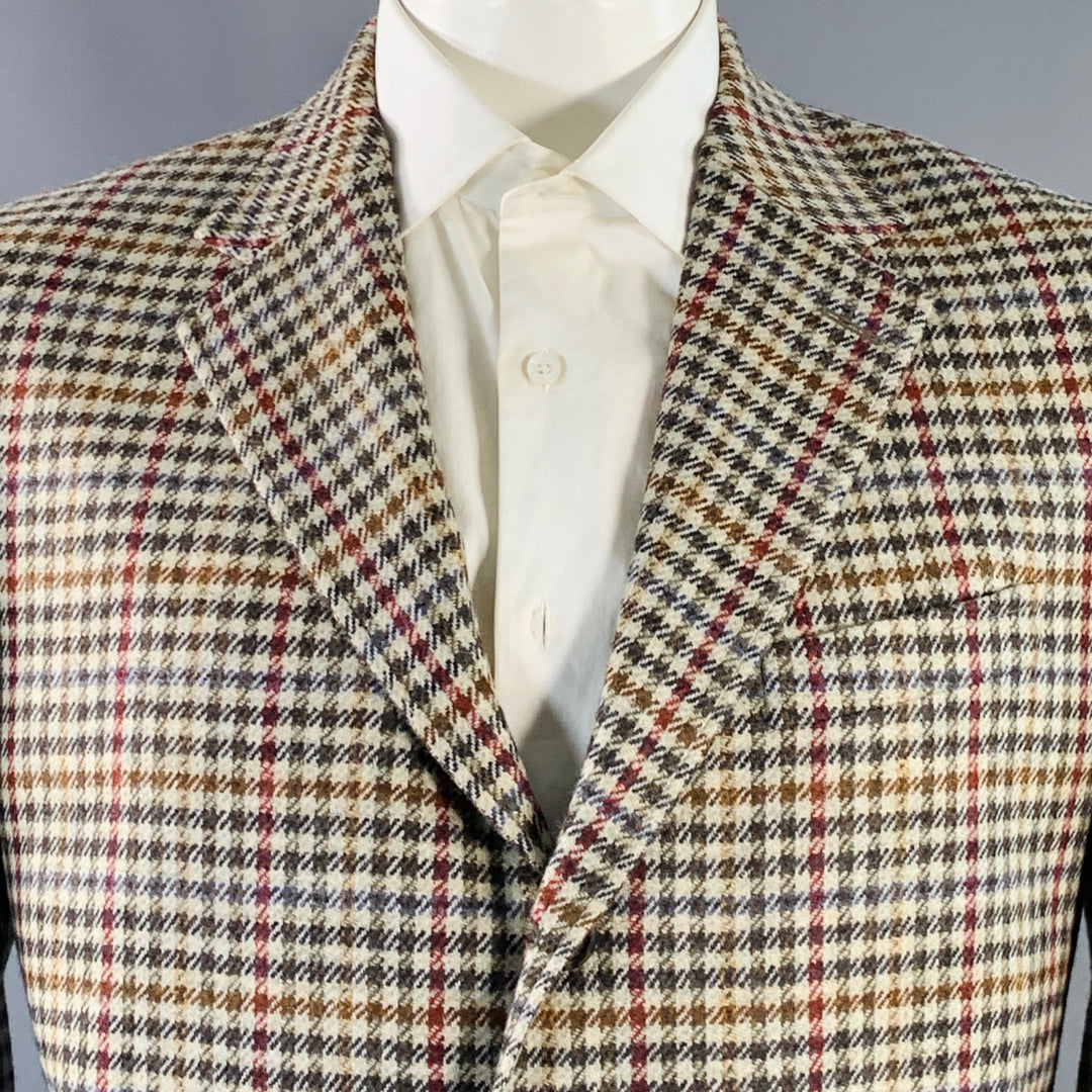 O'CONNELL'S Size 42 Long Beige Red Brown Plaid Virgin Wool Sport Coat