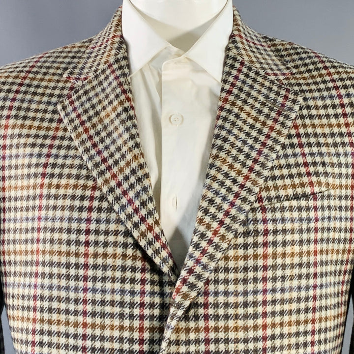 O'CONNELL'S Size 42 Long Beige Red Brown Plaid Virgin Wool Sport Coat