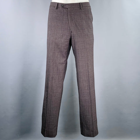 SARTORIO Size 44 Brown Grey Plaid Wool Notch Lapel Suit
