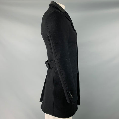 THE KOOPLES Size 44 Black Wool Blend Leather Trim Peak Lapel Coat