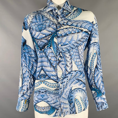BILLIONAIRE COUTURE Size L White Blue Animal Print Silk Long Sleeve Shirt