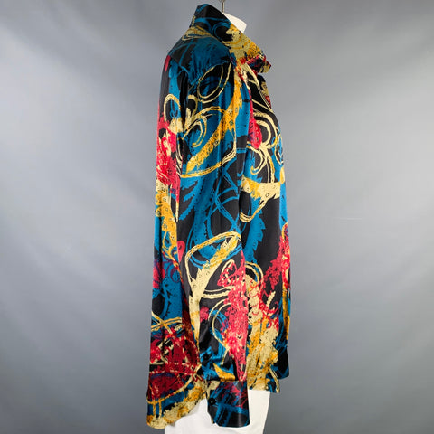 BILLIONAIRE COUTURE Size XL Black MultiColor Print Silk Long Sleeve Shirt